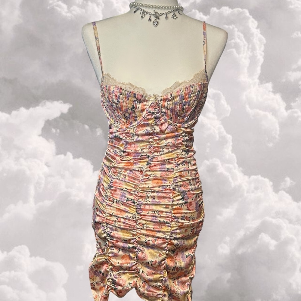 For love and lemons midi ruched floral satin dress